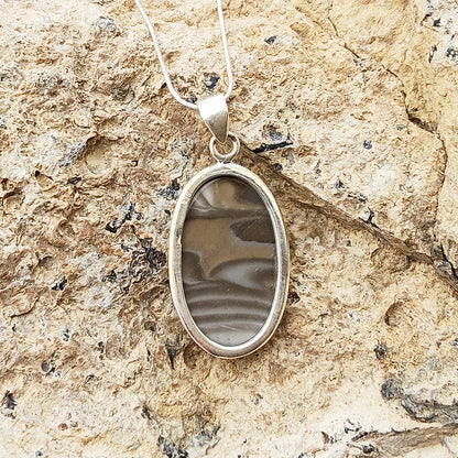 Polish Flint Gemstone Pendant, 925 Sterling Silver Pendant, Handmade Statement Silver Pendant, 37x20x7mm Approx.