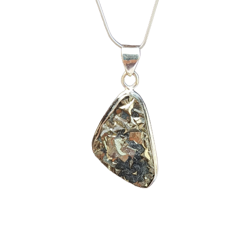 Wunderschöner Pyrit-Drusy-Edelstein-Silberanhänger, Anhänger aus 92,5er Sterlingsilber, dreieckiger Modeschmuckanhänger, 38 x 20 x 6 mm