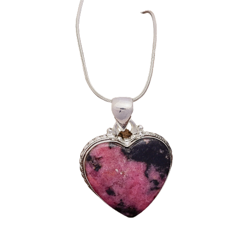 Rhodonite Gemstone Pendant, 92.5 Sterling Silver Pendant, Heart Pendant, 27x24x7mm