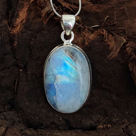 Natural Rainbow Moonstone Gemstone Silver Pendant, 925 Sterling Silver Gemstone Pendant, Oval Shape Silver Pendant, 33x19x7mm