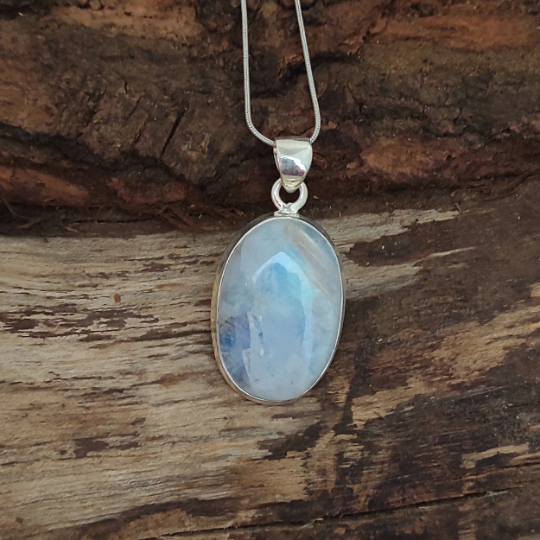 Natural Rainbow Moonstone Gemstone Silver Pendant, 925 Sterling Silver Gemstone Pendant, Oval Shape Silver Pendant, 33x19x7mm