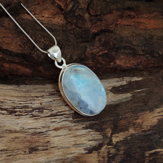 Natural Rainbow Moonstone Gemstone Silver Pendant, 925 Sterling Silver Gemstone Pendant, Oval Shape Silver Pendant, 33x19x7mm