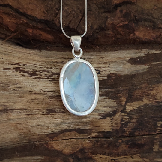 Natural Rainbow Moonstone Gemstone Silver Pendant, 925 Sterling Silver Gemstone Pendant, Oval Shape Silver Pendant, 33x19x7mm