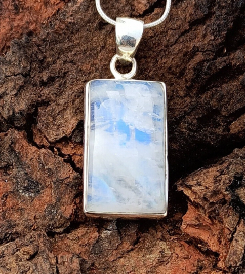 Natural Rainbow Moonstone Gemstone Silver Pendant, 925 Sterling Silver Gemstone Pendant, Baguette Shape Silver Pendant, 29x14x7mm