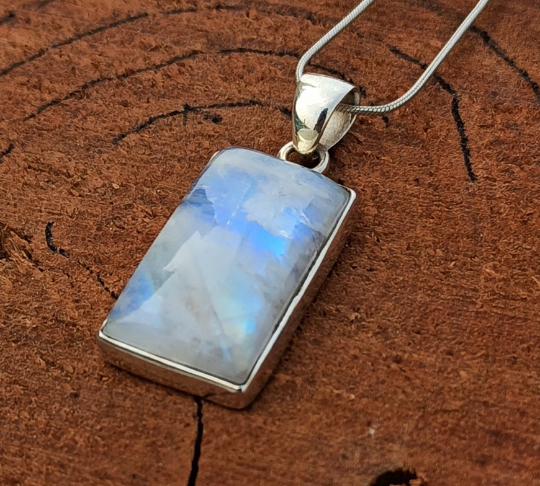 Natural Rainbow Moonstone Gemstone Silver Pendant, 925 Sterling Silver Gemstone Pendant, Baguette Shape Silver Pendant, 29x14x7mm