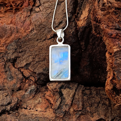 Natural Rainbow Moonstone Gemstone Silver Pendant, 925 Sterling Silver Gemstone Pendant, Baguette Shape Silver Pendant, 29x14x7mm