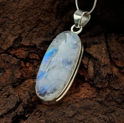 Natural Rainbow Moonstone Gemstone Silver Pendant, 92.5 Sterling Silver Pendant, Oval Shape Gemstone Pendant, 36x15x7mm