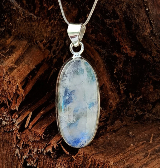 Natural Rainbow Moonstone Gemstone Silver Pendant, 92.5 Sterling Silver Pendant, Oval Shape Gemstone Pendant, 36x15x7mm