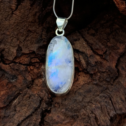 Natural Rainbow Moonstone Gemstone Silver Pendant, 92.5 Sterling Silver Pendant, Oval Shape Gemstone Pendant, 36x15x7mm