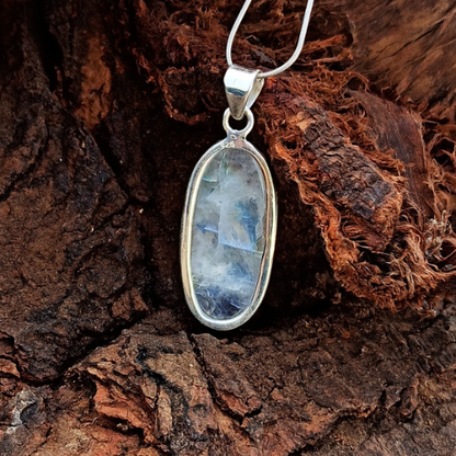 Natural Rainbow Moonstone Gemstone Silver Pendant, 92.5 Sterling Silver Pendant, Oval Shape Gemstone Pendant, 36x15x7mm