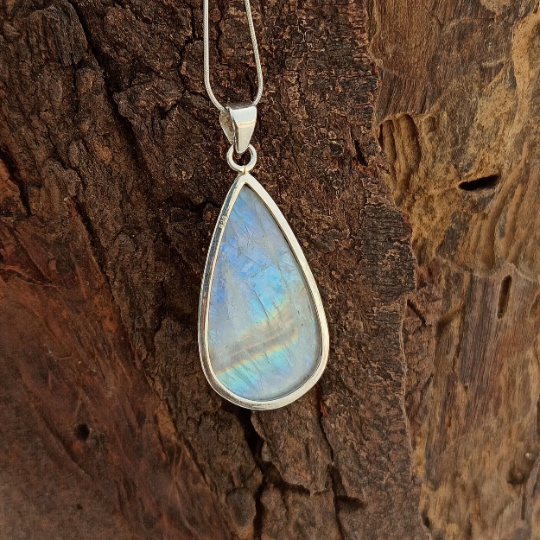 Rainbow Moonstone Silver Pendant, Pear Shape Silver Pendant, 925 Sterling Silver Gemstone Pendant, Fashion Jewelry, 37x19x8mm