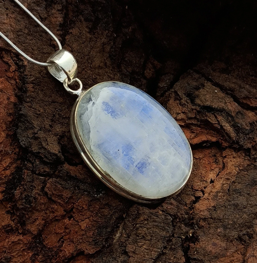 Natural Rainbow Moonstone Gemstone Silver Pendant, 925 Sterling Silver Gemstone Pendant, Oval Shape Silver Pendant, 47x24x7mm