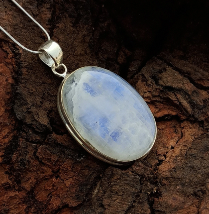 Natural Rainbow Moonstone Gemstone Silver Pendant, 925 Sterling Silver Gemstone Pendant, Oval Shape Silver Pendant, 47x24x7mm