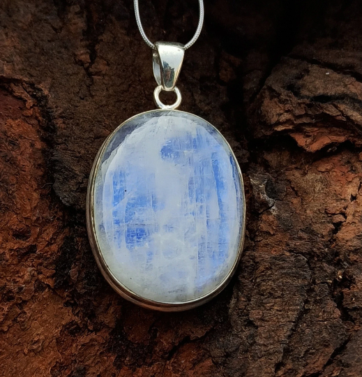 Natural Rainbow Moonstone Gemstone Silver Pendant, 925 Sterling Silver Gemstone Pendant, Oval Shape Silver Pendant, 47x24x7mm