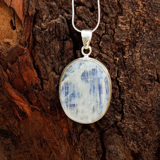 Natural Rainbow Moonstone Gemstone Silver Pendant, 925 Sterling Silver Gemstone Pendant, Oval Shape Silver Pendant, 47x24x7mm