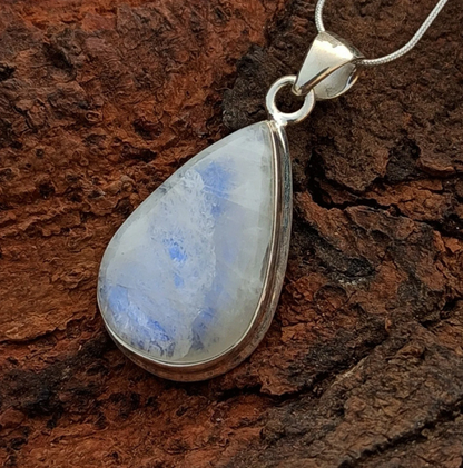 Rainbow Moonstone Gemstone Silver Pendant, Fashion Jewelry 92.5 Sterling Silver Pear Shape Pendant, 32x17x8mm