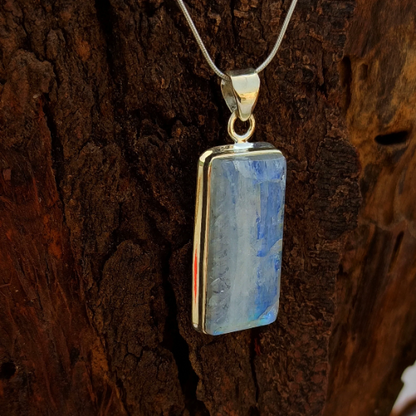 Natural Rainbow Moonstone Gemstone Silver Pendant, 925 Sterling Silver Gemstone Pendant, Baguette Shape Silver Pendant, 37x16x7mm