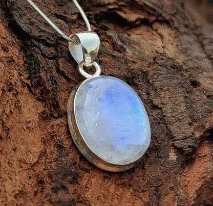 Rainbow Moonstone Gemstone Silver Pendant, 925 Sterling Silver Jewelry Pendant, Oval Shape Pendant, 27x17x7mm