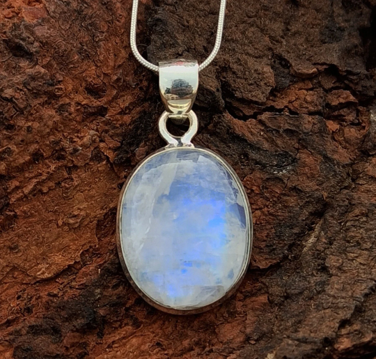 Rainbow Moonstone Gemstone Silver Pendant, 925 Sterling Silver Jewelry Pendant, Oval Shape Pendant, 27x17x7mm