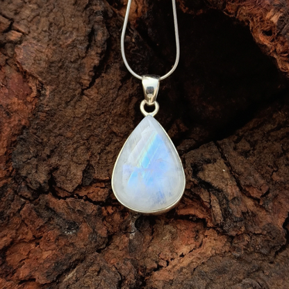 Rainbow Moonstone Gemstone Silver Pendant, 92.5 Sterling Silver Pendant, Pear Shape Gemstone Pendant, 30x18x8mm