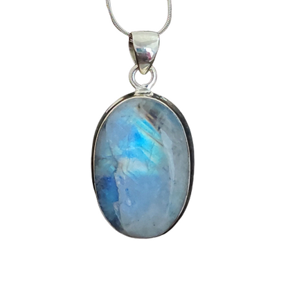 Natural Rainbow Moonstone Gemstone Silver Pendant, 925 Sterling Silver Gemstone Pendant, Oval Shape Silver Pendant, 33x19x7mm