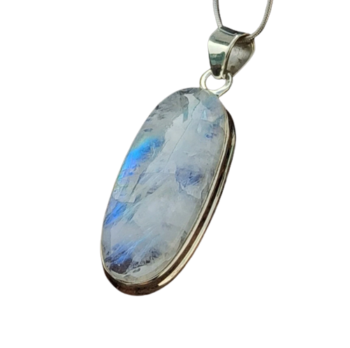 Natural Rainbow Moonstone Gemstone Silver Pendant, 92.5 Sterling Silver Pendant, Oval Shape Gemstone Pendant, 36x15x7mm