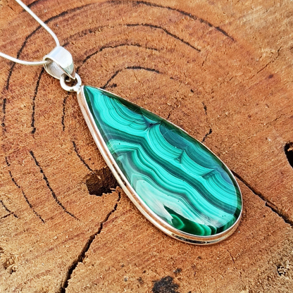 Malachite Cabochon Silver Pendant - 925 Sterling Silver Pendant - 92.5 Statement Pendant - Pear Shape Pendant - 75Ct