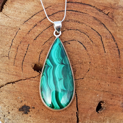 Malachite Cabochon Silver Pendant - 925 Sterling Silver Pendant - 92.5 Statement Pendant - Pear Shape Pendant - 75Ct