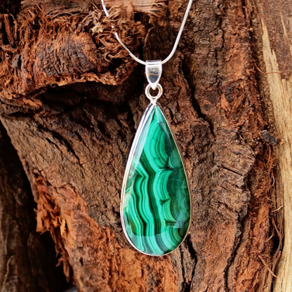 Malachite Cabochon Silver Pendant - 925 Sterling Silver Pendant - 92.5 Statement Pendant - Pear Shape Pendant - 75Ct