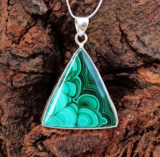 Malachite Cabochon Silver Pendant - 925 Sterling Silver Pendant - 92.5 Statement Pendant - Trillion Shape Handmade Pendant - 50Ct