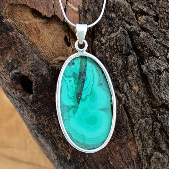 Unique Malachite 925 Silver Pendant | Malachite Cabochon Gemstone | Statement Pendant | 925 Sterling Silver Pendant | Oval Shape Pendant