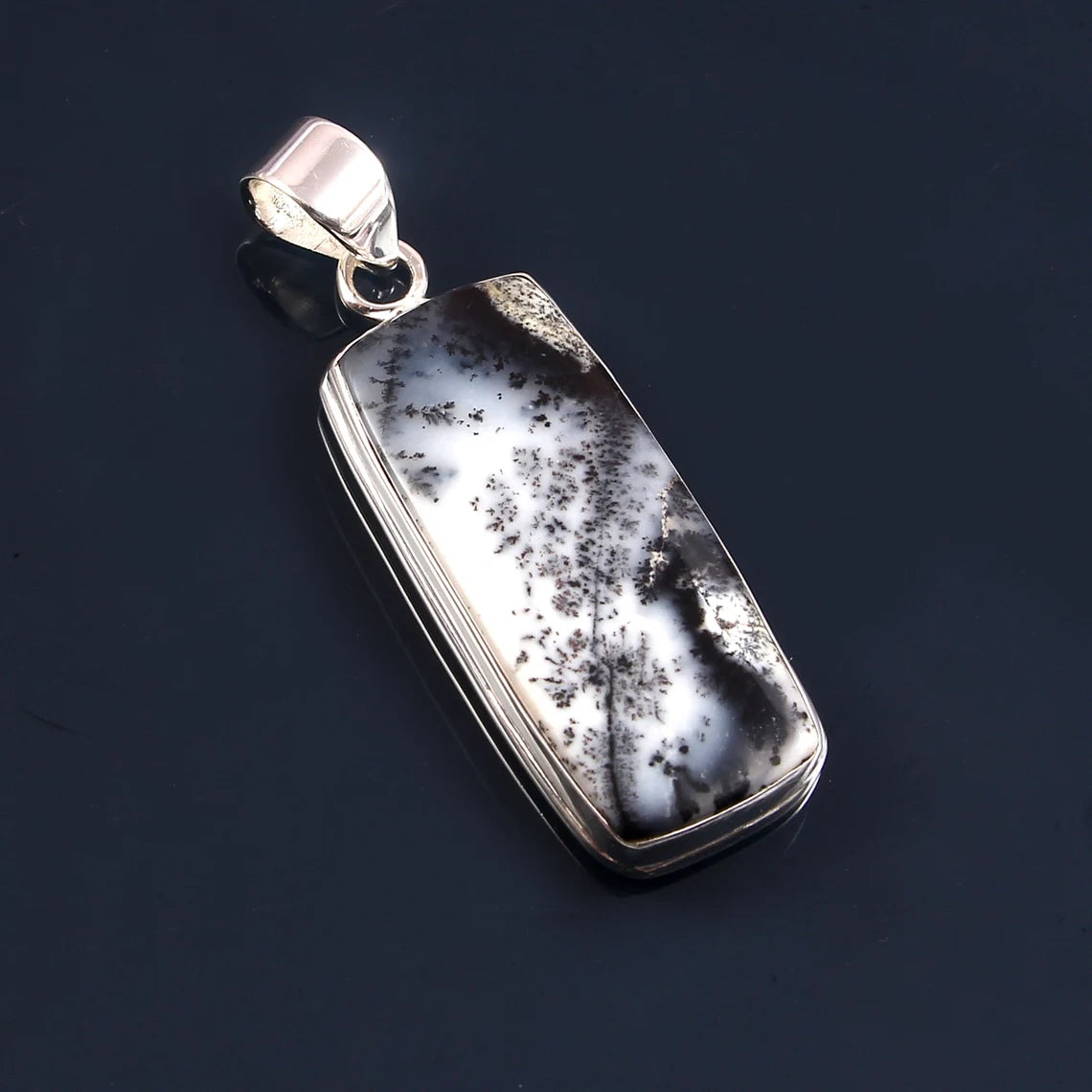 Dendrite Opal 92,5 Silber Anhänger | Handgefertigter Baguette-Form-Silberanhänger | 925 Sterling Silber Anhänger | Silberanhänger Bestes Geschenk für Sie | 41x16x5mm Ca. 