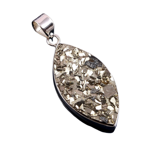 Natural Pyrite Druzy Gemstone Silver Pendant, 925 Sterling Silver Pendant, Marquise Shape Silver Pendant, 44x20x5mm