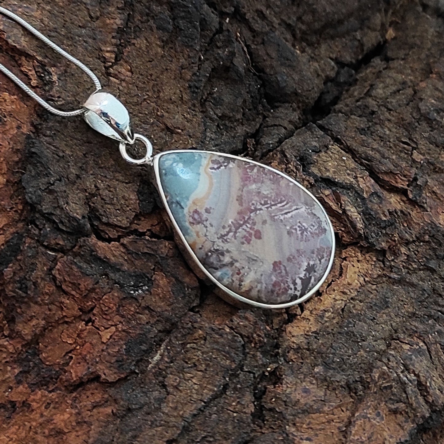 Natural Sonora Dendrite Gemstone Silver Pendant, 92.5 Sterling Silver Jewelry Pendant,  32x16x6mm